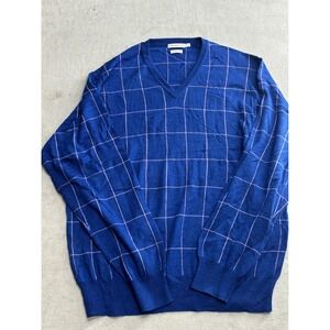 Peter Millar Mens V Neck Sweater Blue Plaid 100% Merino Wool Size XL